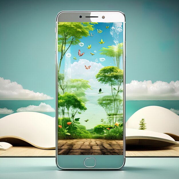 digital composite of mobile app design with tree and birds flying out of paper