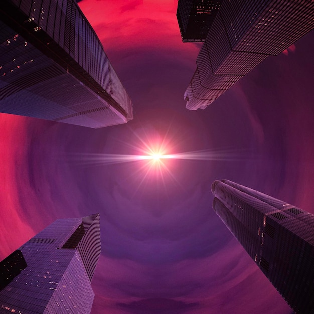 Фото Цифровой композит современных зданий на фоне неба во время захода солнца