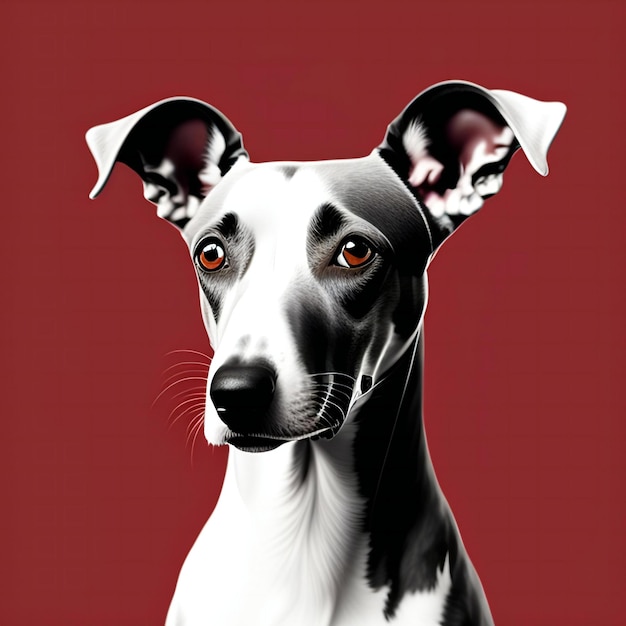 Digital composite of portrait of whippet dog against red background 3d render