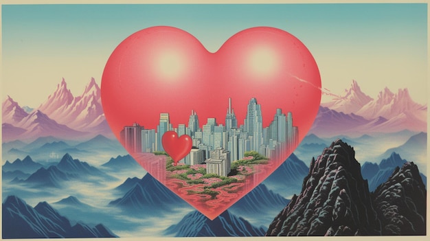 Цифровой композит Красного сердца и города с горами и голубым небом на заднем плане