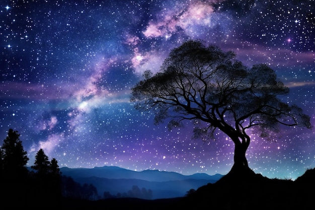 Photo digital composite of silhouette of tree against starry night sky