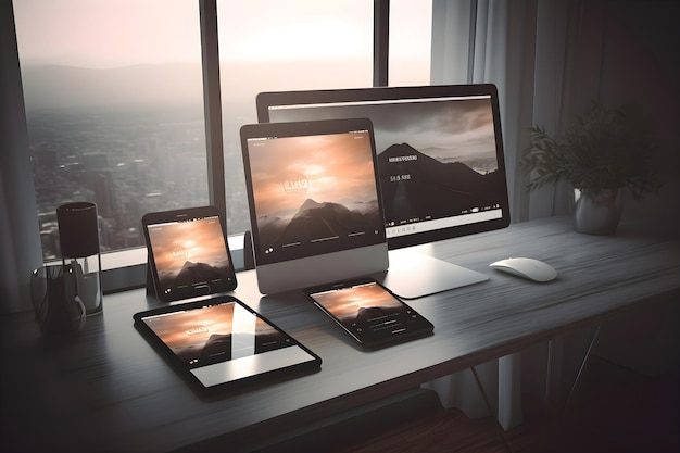 Photo digital composite of tablet pc laptop and phone on table in office