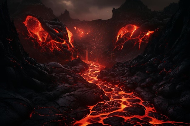 용암이 바다로 흘러 들어가는 화산의 디지털 합성물.