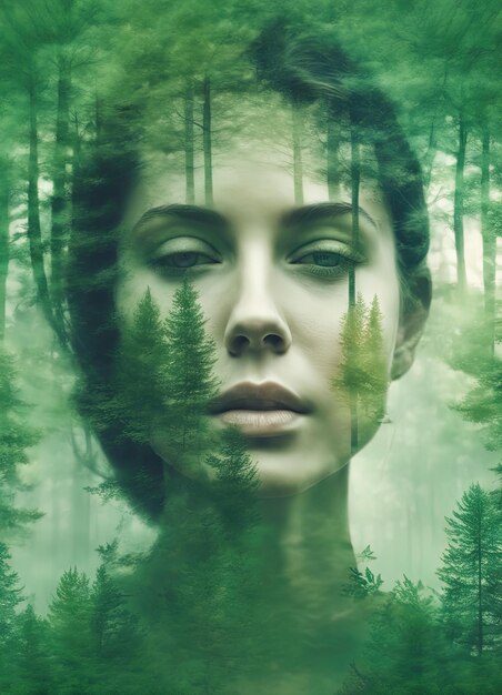 緑の木々のある森の中の女性のデジタル合成 緑のある森の中の女性のデジタル合成