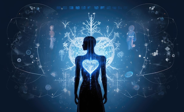 Digital composite of Woman silhouette with heart against blue background with media icons