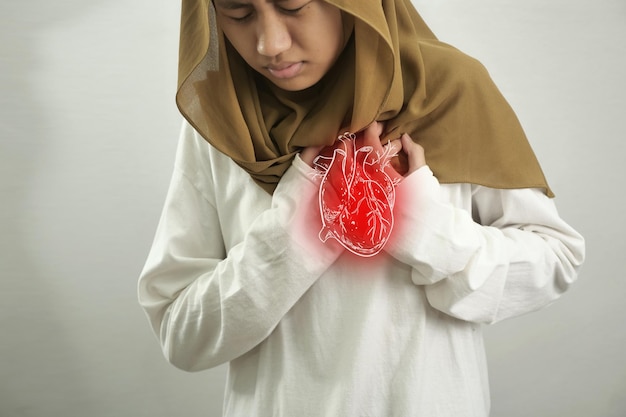 Photo digital composition of human heart with highlighted red inflammation sick person woman chest pain