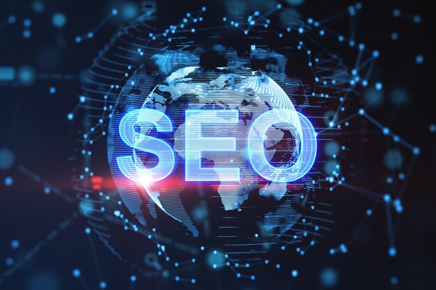 Photo digital concept of seo glowing over a stylized globe network marketing and internet concept 3d rendering