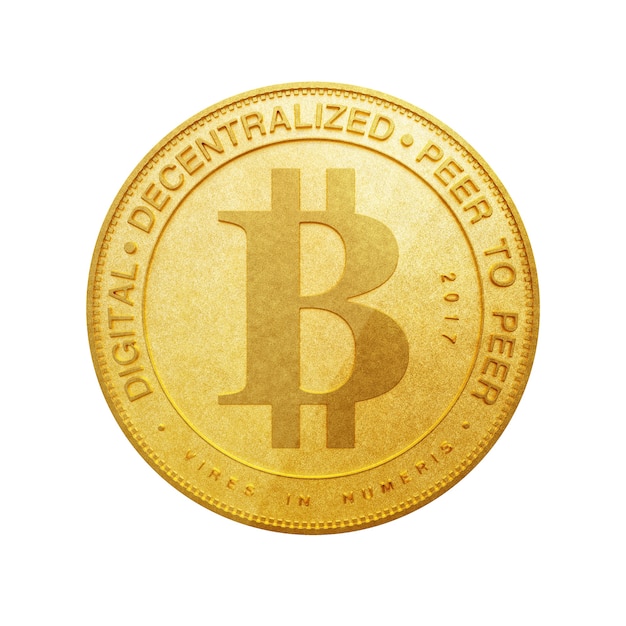 デジタルと暗号通貨の概念。白い背景の上の黄金のビットコイン。 3Dレンダリング