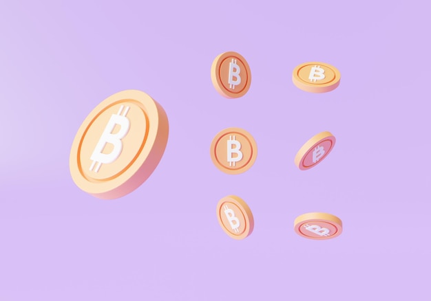 Digital currency golden bitcoin isolated on purple background BTC Cryptocurrency Crypto payment Online trading Business financial 3d icon render illustration Cartoon minimal style