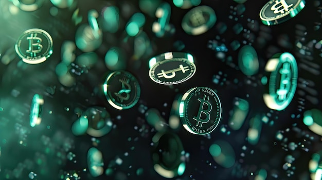 Фото Символы цифровой валюты, плавающие на темном фоне
