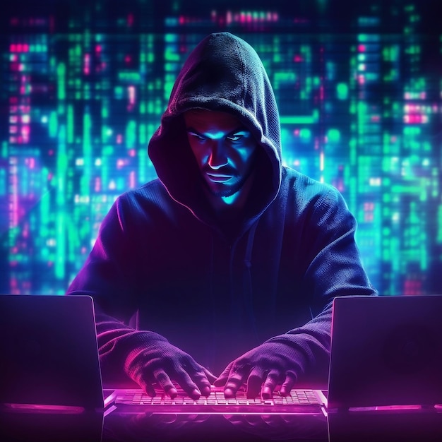 Digital Cybercrime Banner with Copy Space Showing Anonymous Hacker Committing Cybercrime in Front of Computer Generative AI