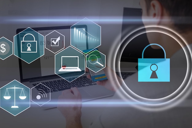 Photo digital cybersecurity and network protection concept. virtual locking mechanism to access shared resources. interactive virtual control screen with padlock. laptop on background