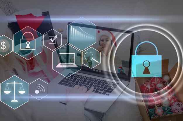 Digital cybersecurity and network protection concept. Virtual locking mechanism to access shared resources. Interactive virtual control screen with padlock. laptop on background
