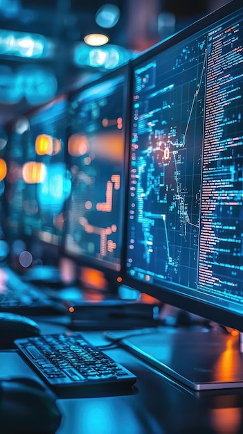 แดชบอร์ดดิจิทัลที่แสดงโปรโตคอลความปลอดภัยได้รับการวิเคราะห์บนจอภาพหลายจอ แสดงให้เห็นถึงการแสดงภาพข้อมูลและการเขียนโค้ดที่ซับซ้อน บรรยากาศเป็นเทคโนโลยีขั้นสูงและเน้นไปที่
