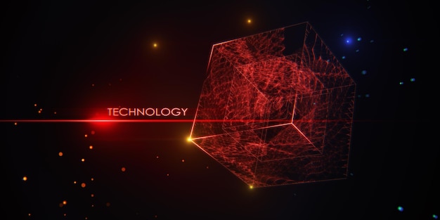 Digital data connection technology concept with bright red technology word and 3D cube on abstract dark background 3D rendering