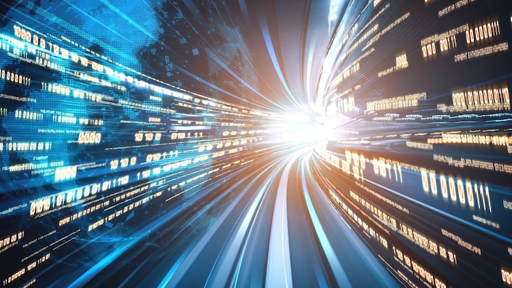 Photo digital data flow on road in concept of cyber global communication and coding with graphic creating vision of fast speed transfer to show agile digital transformation , disruptive innovation .