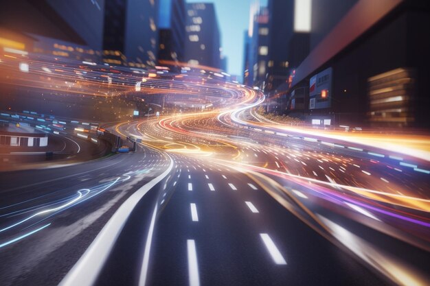 Digital data flow on road with motion blur to create vision of fast speed transfer