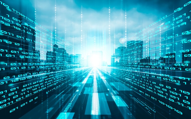 digital data flow on road with motion blur to create vision of fast speed transfer