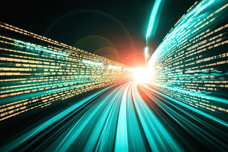 Photo digital data flow on road with motion blur to create vision of fast speed transfer