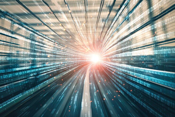 Photo digital data flow on road with motion blur to create vision of fast speed transfer