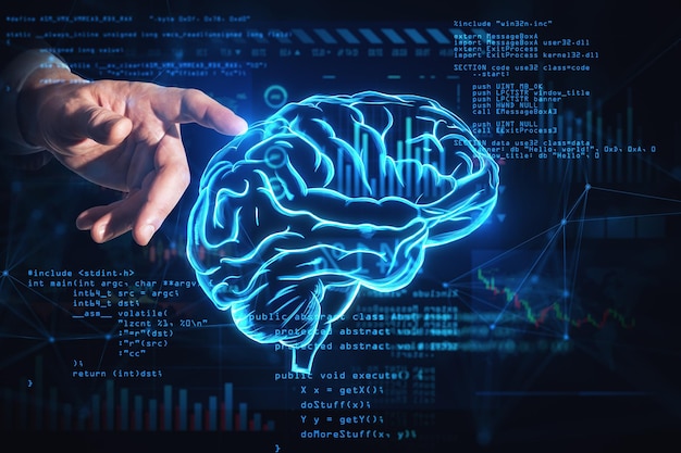 Digital data mining machine learning development and ai concept with man finger pointing at digital glowing blue human brain with convolutions on dark technological background