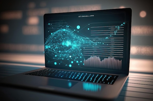 Digital data and network connection on laptop screen Big data analysis Generative AI