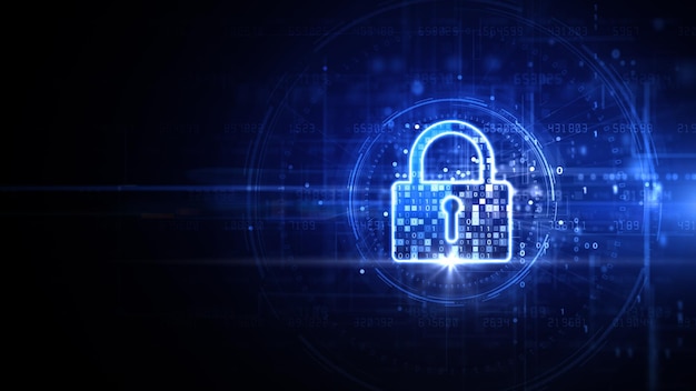 Foto protezione delle reti di dati digitali icona di lucchetto blu tecnologia di sicurezza informatica blockchain dati digitali connessione alla rete globale sfondi e informazioni sicure per la privacy rendering 3d