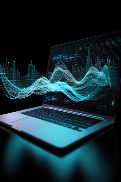 Digital data processing over laptop screen created using generative ai technology