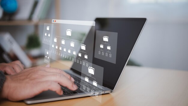 デジタル データ ストレージ システム サーバー ネットワーク インターネット フォルダとファイルをオンラインで検索し管理する データベースのダウンロードとアップロード