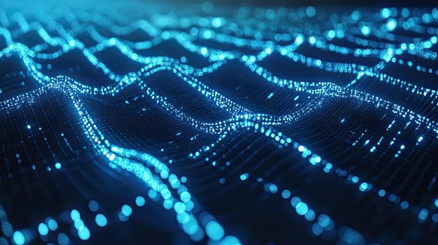 digital data streams flowing through a blockchain network with interconnected nodes glowing in blue creating a futuristic cyberspace backdrop for tech visuals