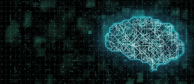 Digital data transfer inside deep learning  microprocessor brain circuit, artificial intelligence in modern computer technology concept, 3D illustration big data chip network processing