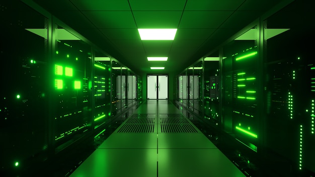 データセンターのサーバールームのガラスパネルの背後にあるデータサーバーへのデジタルデータ送信。高速デジタル回線。 3Dイラスト
