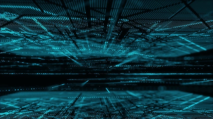 Photo digital database cyberspace decoding algorithms hacked software cyber security with moving particles big data visualization 3d rendering