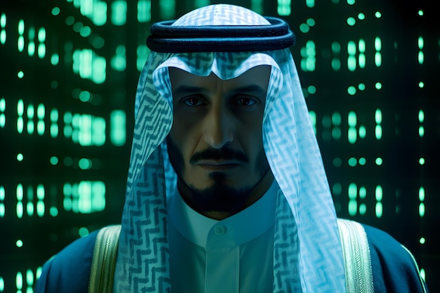 Digital delight saudi man's face lights up with holographic joy