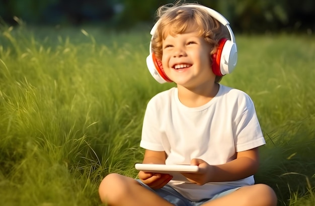 무성한 초원에서 헤드폰과 태블릿을 들고 디지털 기쁨을 느끼는 어린 소년