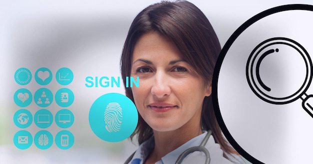 Foto icone del dispositivo digitale su un medico che guarda i concetti di fotocamera, assistenza sanitaria e tecnologia