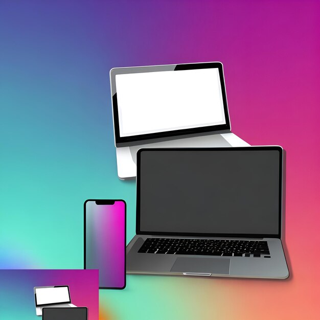 Photo digital device screen mockup vector with laptop and smartphone with gradient wallpapers generative