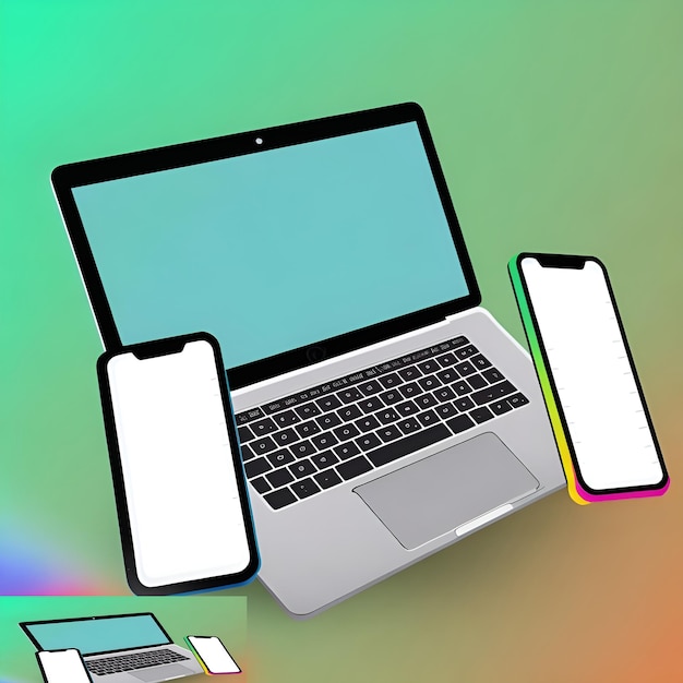 Векторный макет экрана цифрового устройства с ноутбуком и смартфоном с градиентными обоями Generative