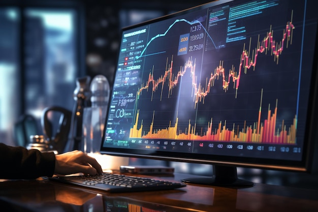 Digital display with financial chart indicators and a traders hand for analysis