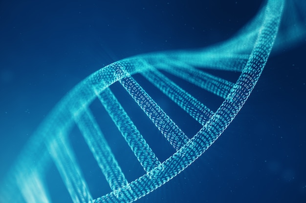 デジタルDNA分子、構造。コンセプトバイナリコード人間のゲノム。遺伝子が改変されたDNA分子。 3Dイラスト