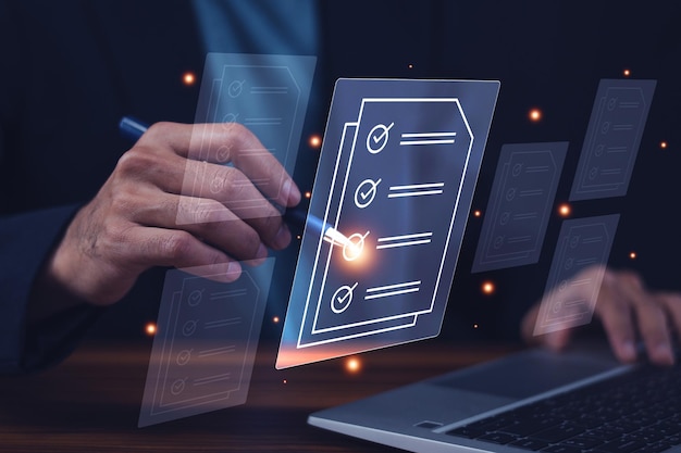 Digital document checklist concept businessman using laptop Online survey filling out digital form checklist