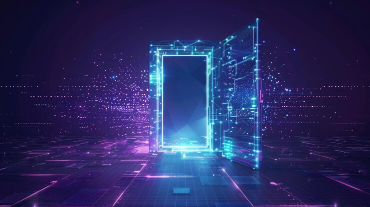 Photo digital doorway to the unknown in a cyberspace landscape
