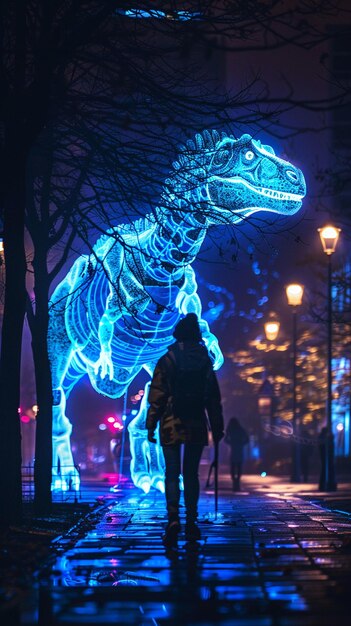 Digital Dragon Electric blue glow Roaming through urban landscape Clear night sky Photography Silhouette lighting Chromatic Aberration