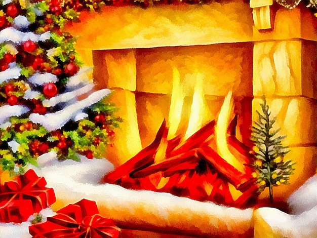 Digital drawing of christmas nature background with fireplace painting on paper style