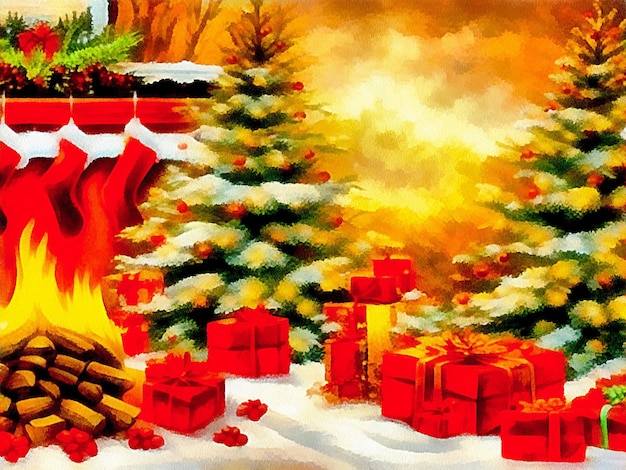 Digital drawing of christmas nature background with fireplace painting on paper style