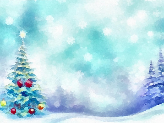 Digital drawing of christmas nature background with snow and christmas trees painting on paper style