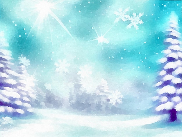 Digital drawing of christmas nature background with snow and christmas trees painting on paper style