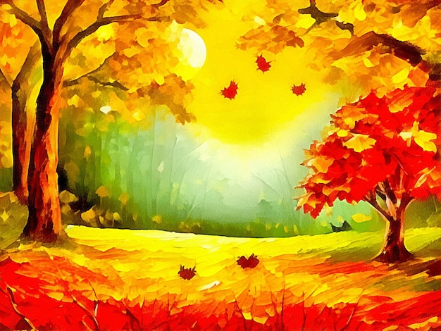 Digital drawing of haloween nature background with orange trees painting on paper style