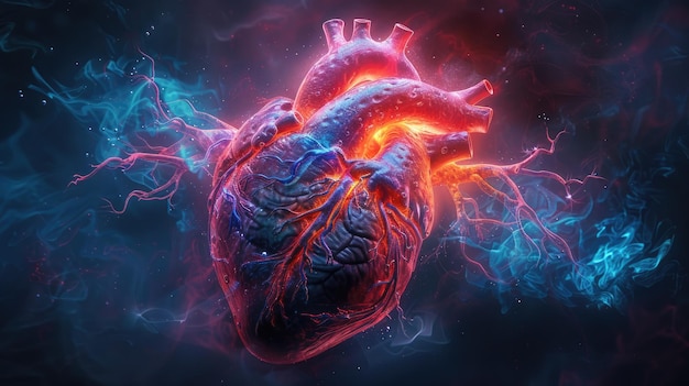 Digital drawing of a human heart with intricate details pulsing with glowing blue veins