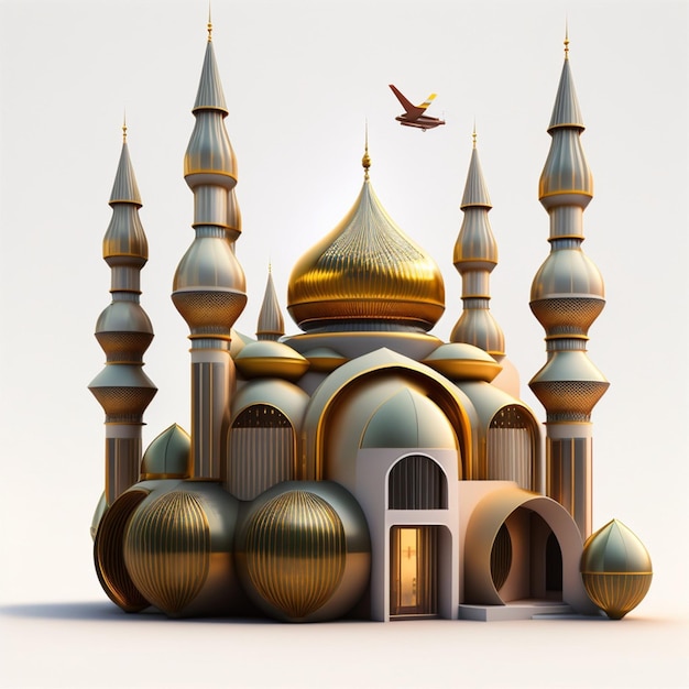 A digital drawing of a mosque with a bird flying above it.